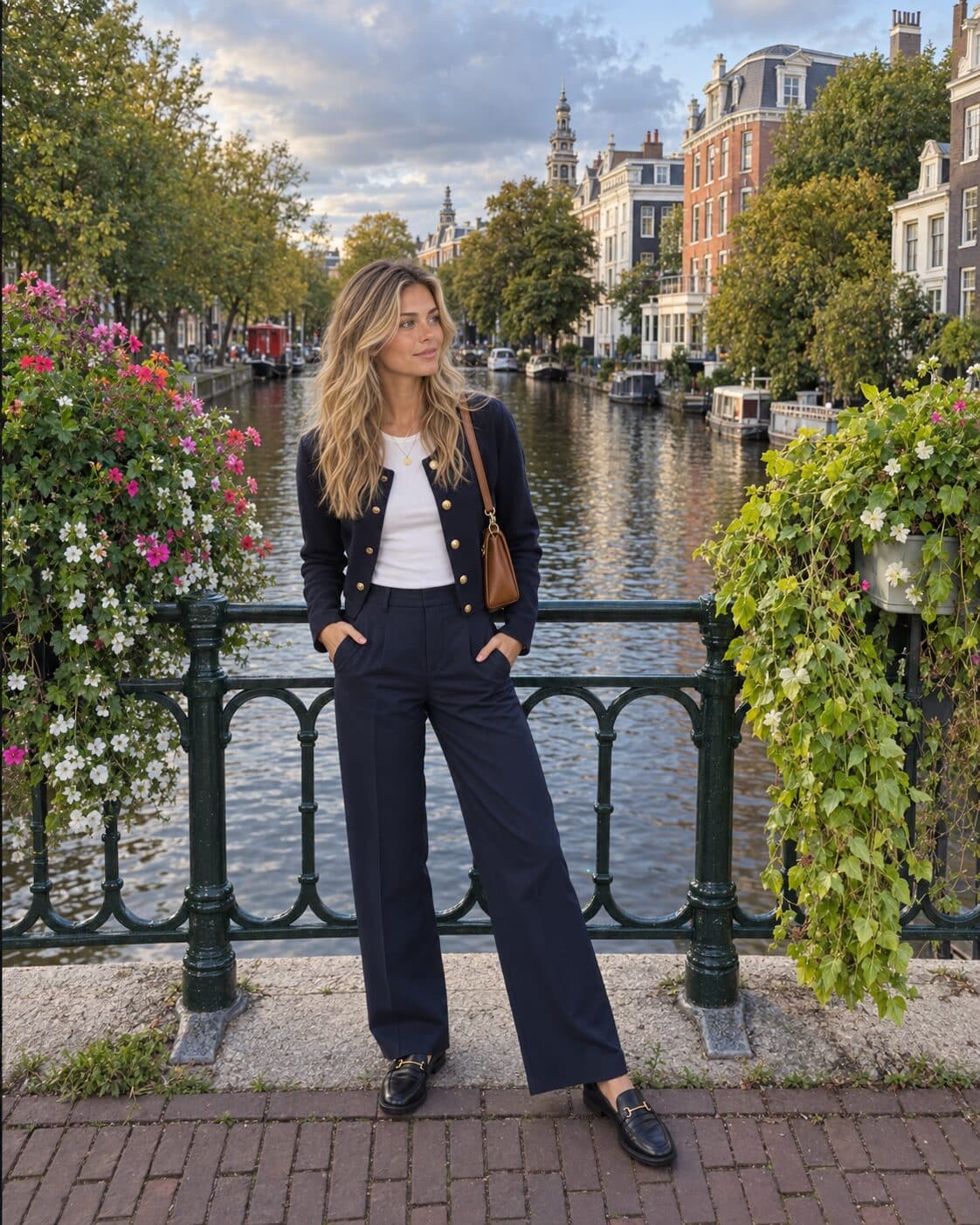Kate standing by a canal railing in Amsterdam