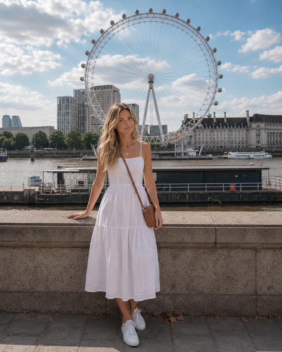 Kate by the river with the London Eye behind her