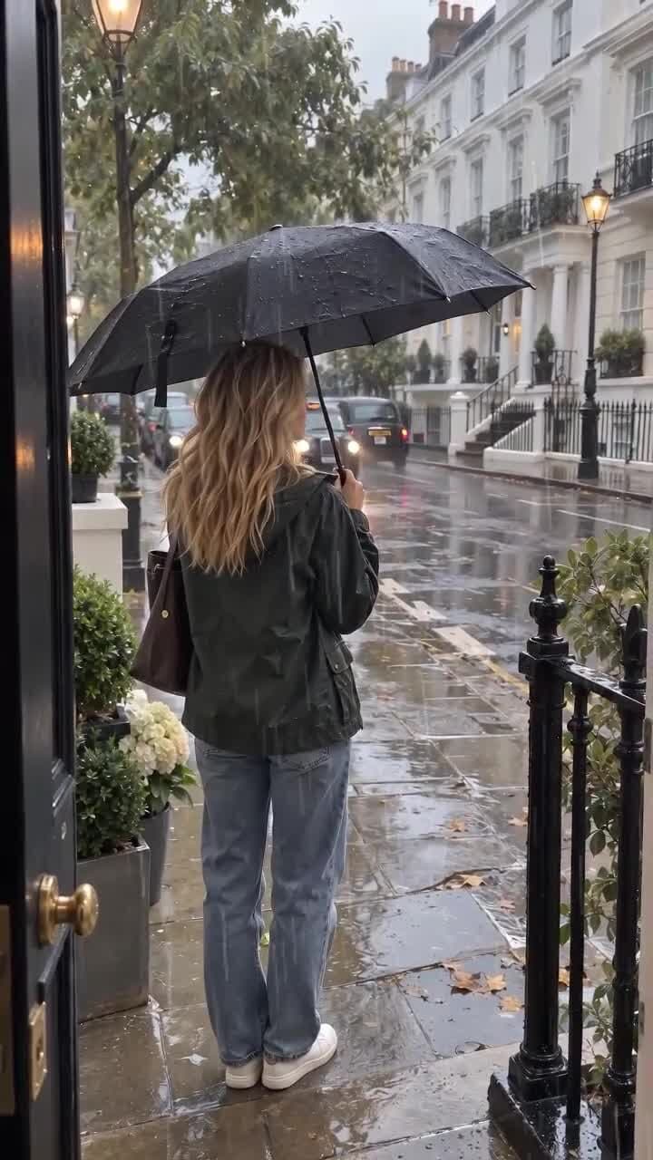 Kate under a black umbrella on a wet London street
